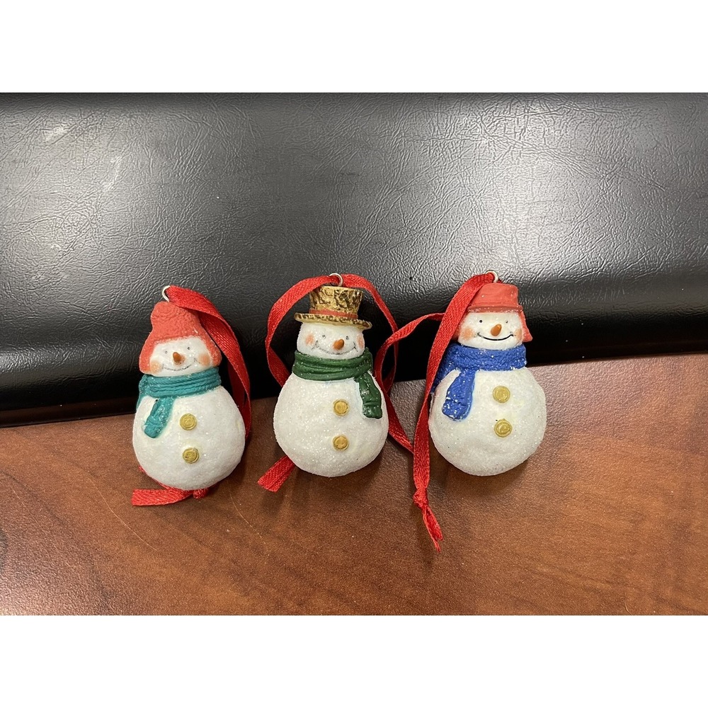 Adorable Vintage Set Of 3 1" Snowmen Christmas Ornaments  Wearing Scarfs & Hats